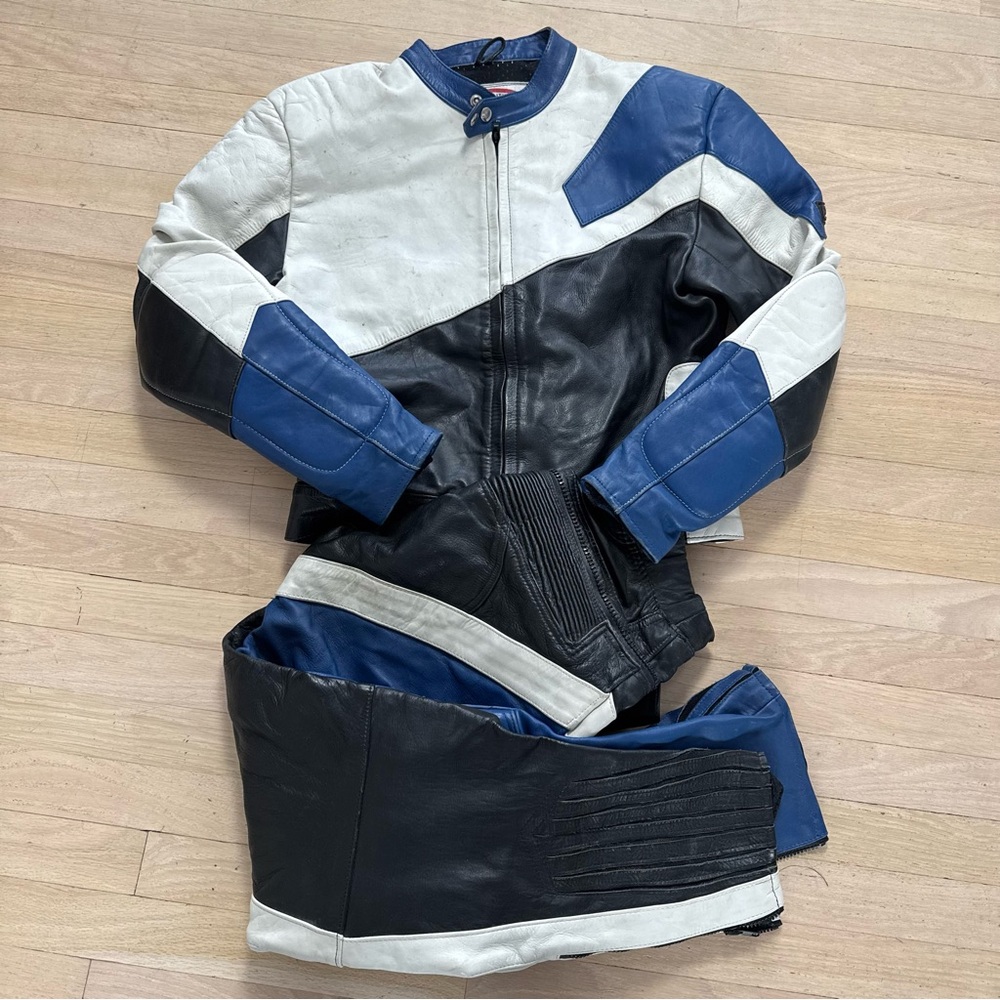 E.S.P. Vintage One Piece Leather Motorcycle Suit Blue Black White Men's Size 52